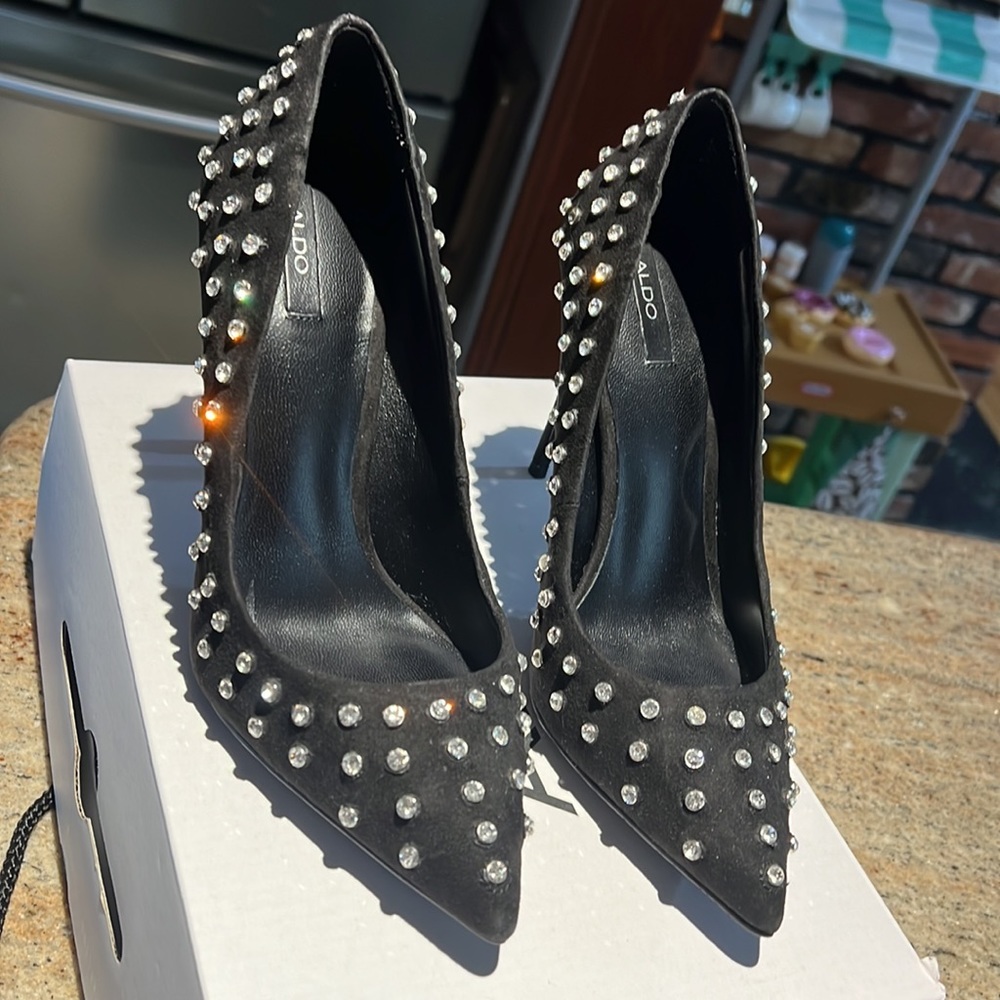 Black suede and studded high heels